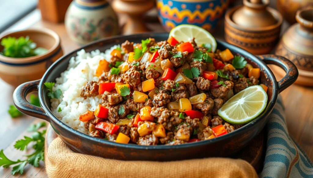 Mexican-inspired one-pan beef and rice dish