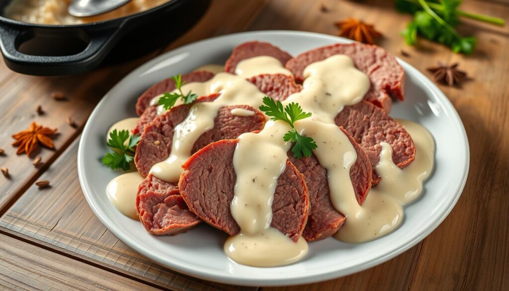 traditional corned beef and white sauce